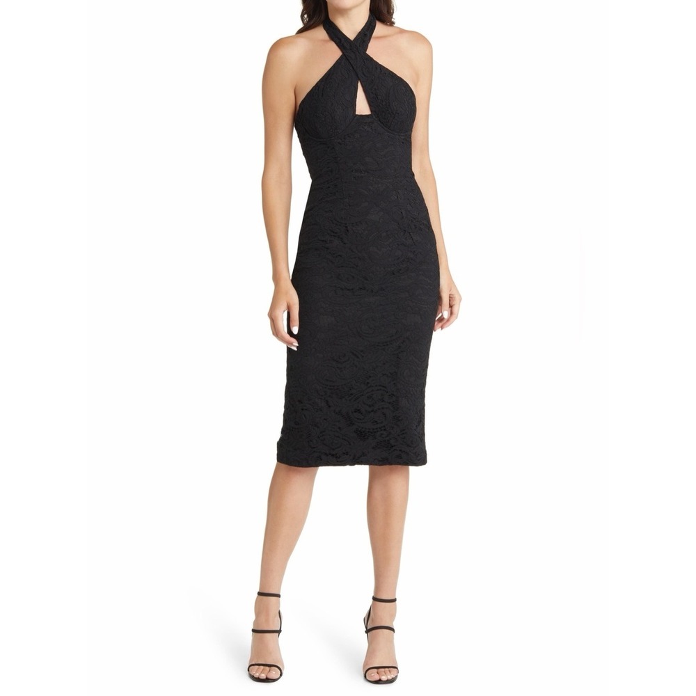 Aritzia Bardot Riviera Crossover Halter Dress Womens XS Black Lace Cutout